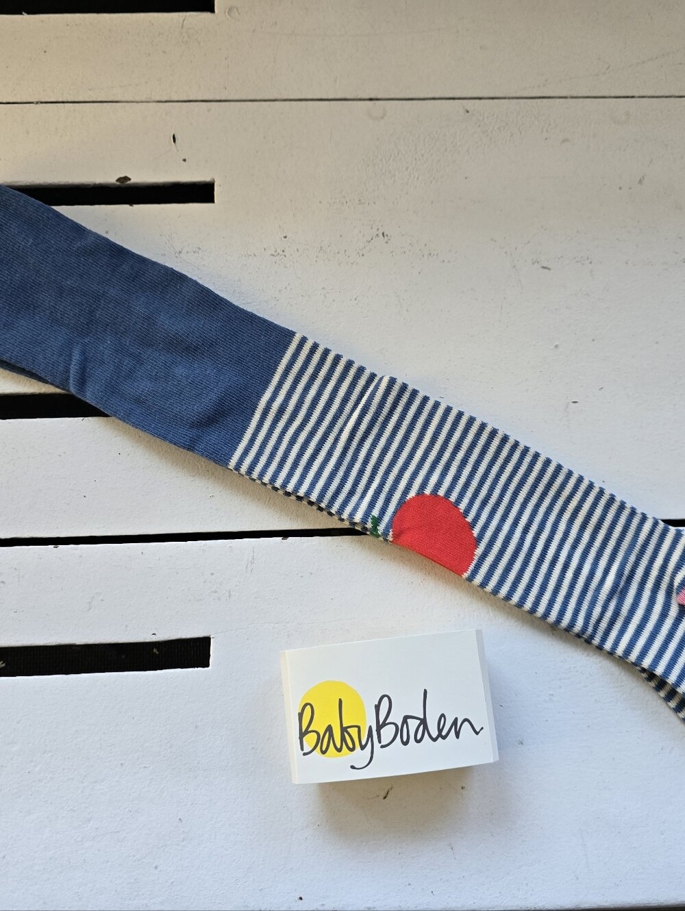 Baby Boden Blue Stripe Kids Tights with Red Apple